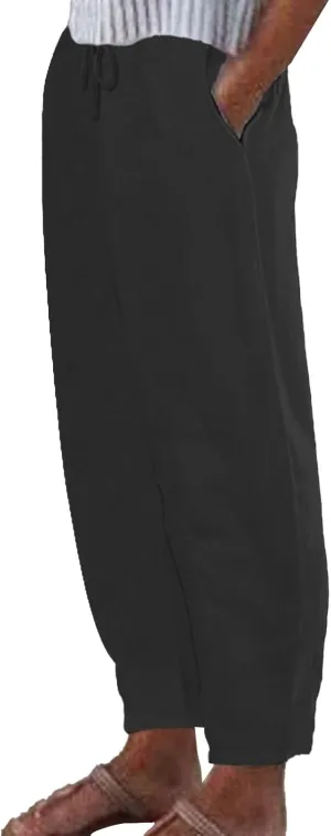 Womens Cotton Linen Pants,Summer Casual Loose Drawstring High Waist Lounge Palazzo Pants Beach Trousers with Pockets