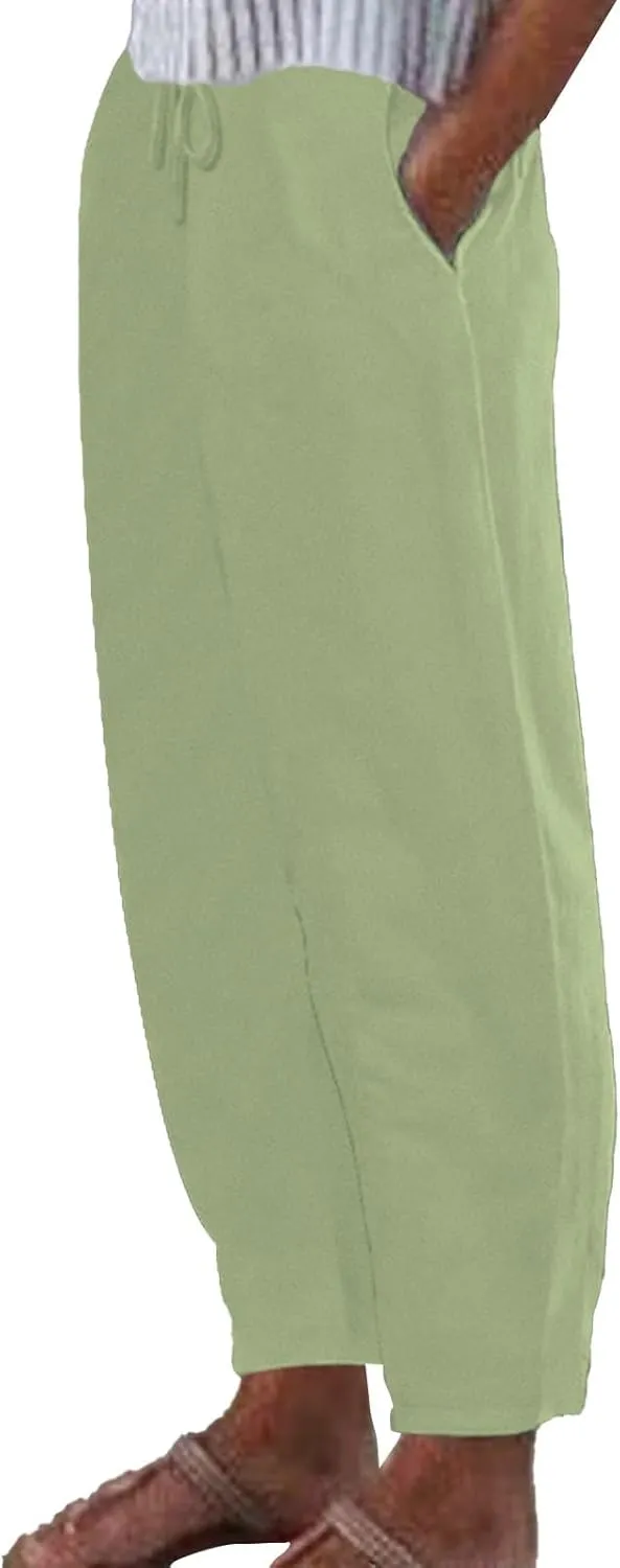 Womens Cotton Linen Pants,Summer Casual Loose Drawstring High Waist Lounge Palazzo Pants Beach Trousers with Pockets