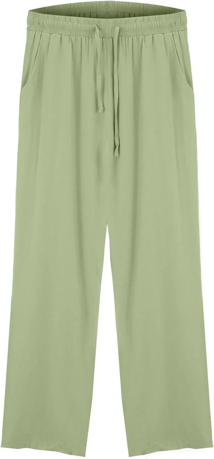Womens Cotton Linen Pants,Summer Casual Loose Drawstring High Waist Lounge Palazzo Pants Beach Trousers with Pockets