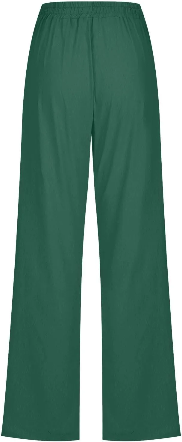 Womens Cotton Linen Straight Leg Pants Elastic High Waist Drawstring Beach Casual Trousers Lounge Pant with Pockets