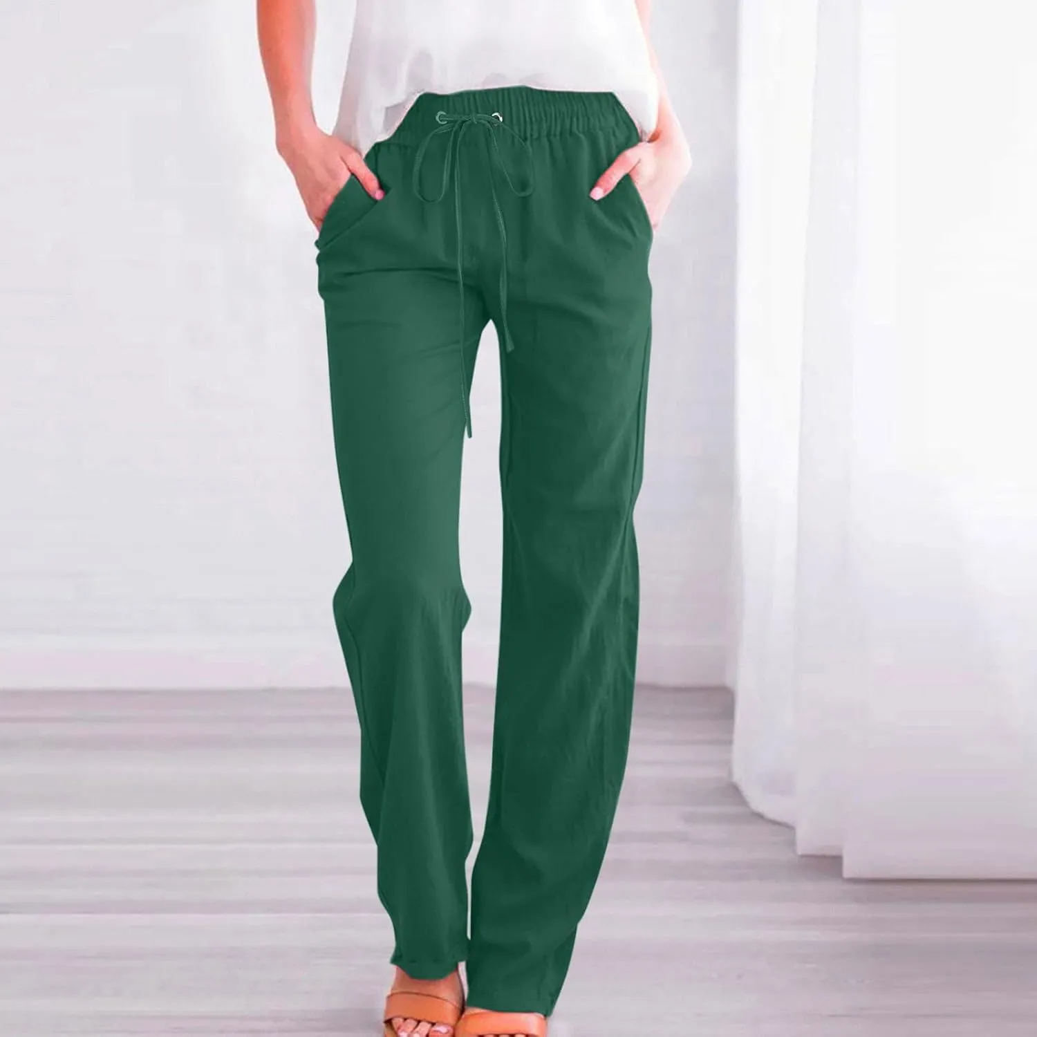 Womens Cotton Linen Straight Leg Pants Elastic High Waist Drawstring Beach Casual Trousers Lounge Pant with Pockets