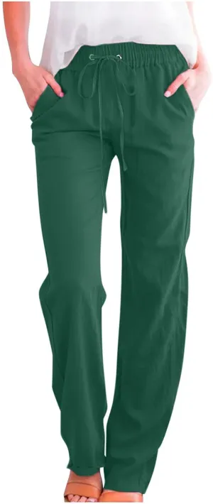 Womens Cotton Linen Straight Leg Pants Elastic High Waist Drawstring Beach Casual Trousers Lounge Pant with Pockets