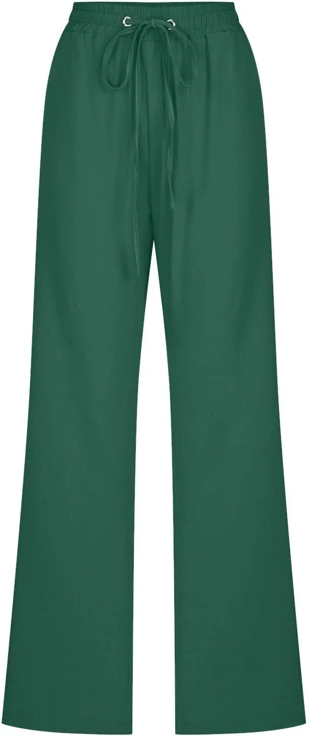Womens Cotton Linen Straight Leg Pants Elastic High Waist Drawstring Beach Casual Trousers Lounge Pant with Pockets