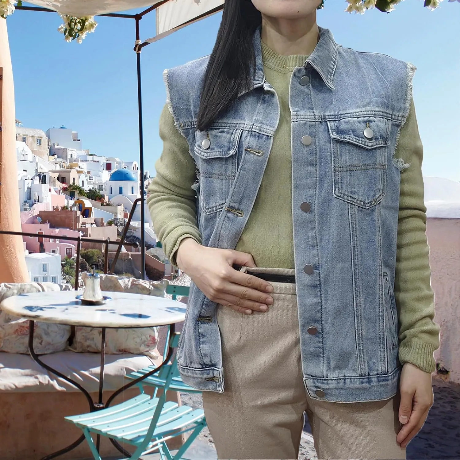 Women's Denim Vest Casual Button Down Sleeveless Jean Jacket