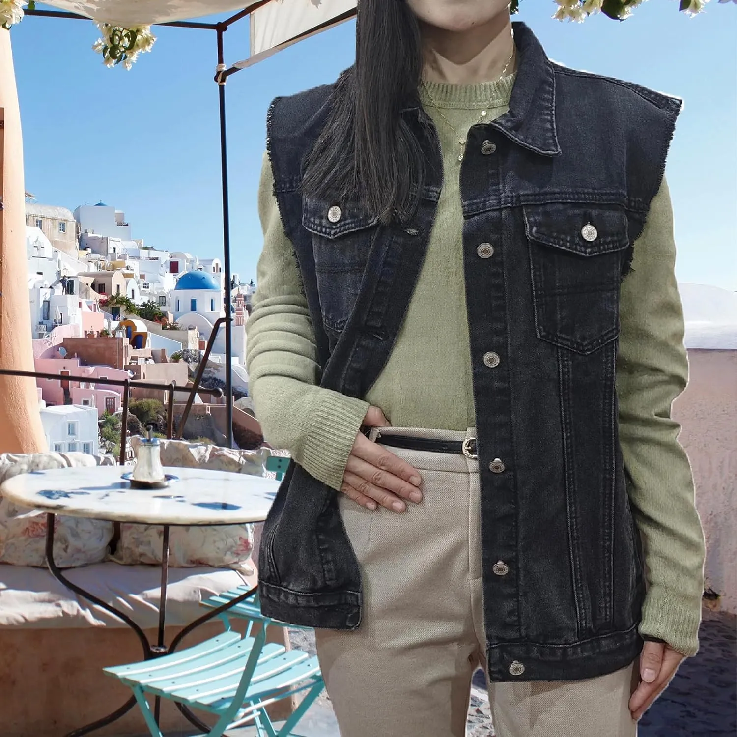 Women's Denim Vest Casual Button Down Sleeveless Jean Jacket