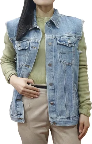 Women's Denim Vest Casual Button Down Sleeveless Jean Jacket