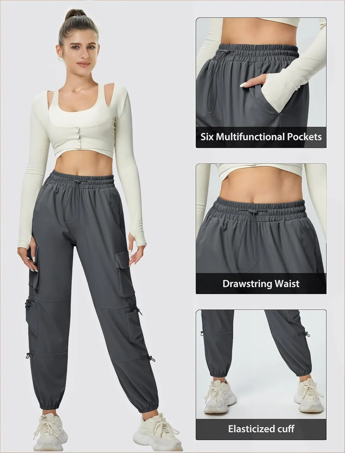 Women's Lightweight Cargo Pants Quick Dry Joggers with 6 Pockets Elastic Waist and Water-Resistant Hiking Pants