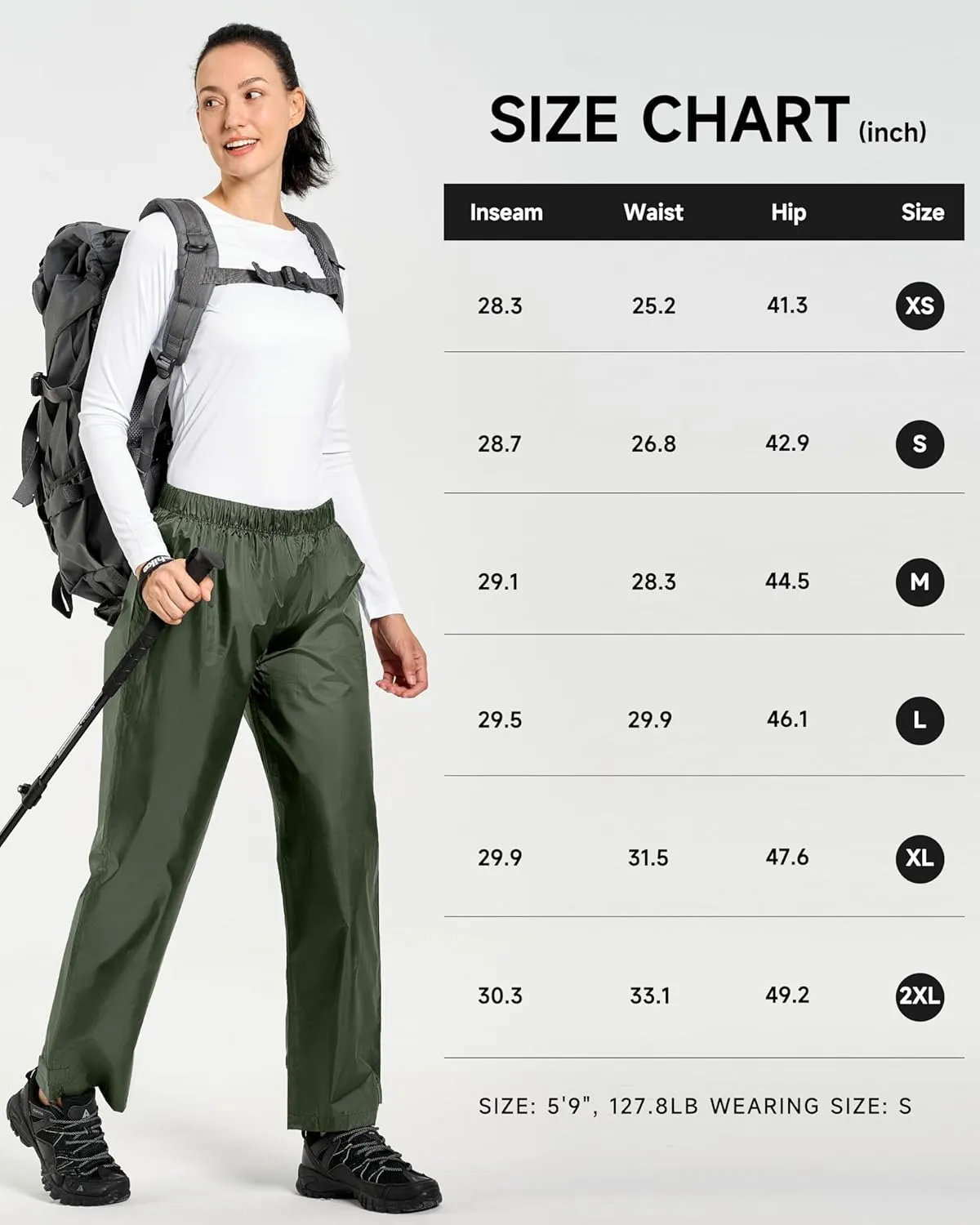 Women's Lightweight Waterproof Windproof Hiking Rain Pants Foldable Fishing Outdoor Rain Pants with Storage Bag