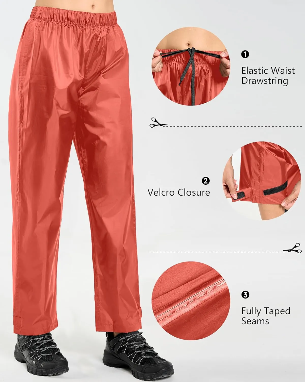 Women's Lightweight Waterproof Windproof Hiking Rain Pants Foldable Fishing Outdoor Rain Pants with Storage Bag