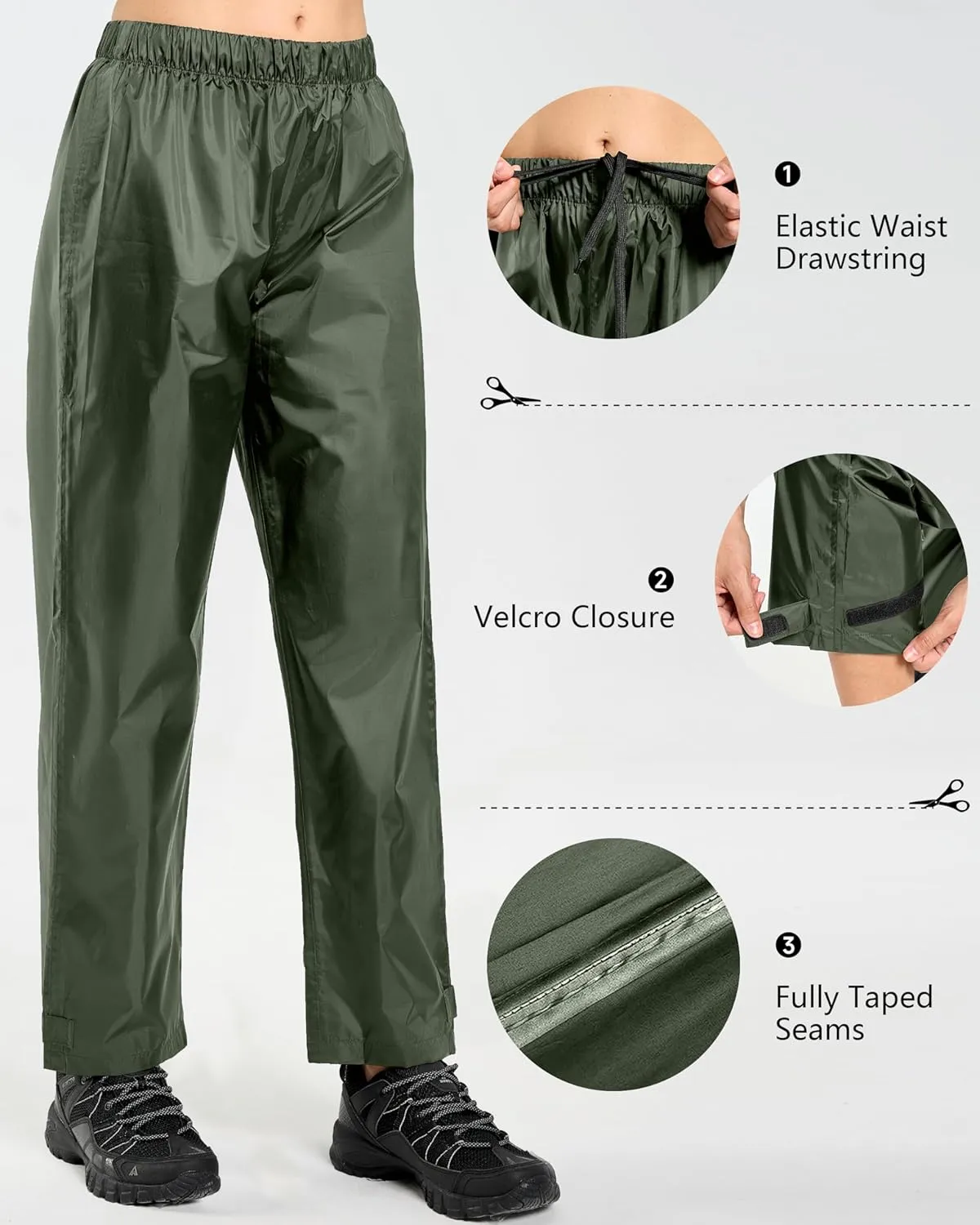 Women's Lightweight Waterproof Windproof Hiking Rain Pants Foldable Fishing Outdoor Rain Pants with Storage Bag