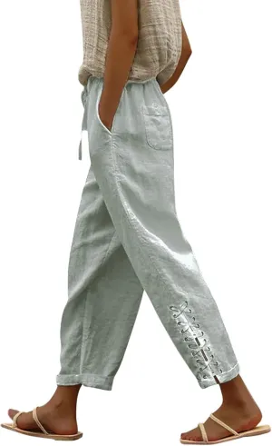 Womens Linen Lace Up Pants Casual Baggy Pockets Drawstring High Waist Wide Leg Trousers Summer Beach Lounge Bottoms Grey