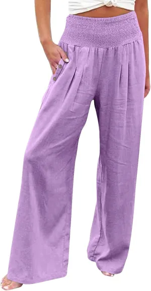 Women's Linen Palazzo Pants Wide Leg Pants Summer Flowy High Waisted Palazzo Flowy Wide Leg Beach Pants with Pockets