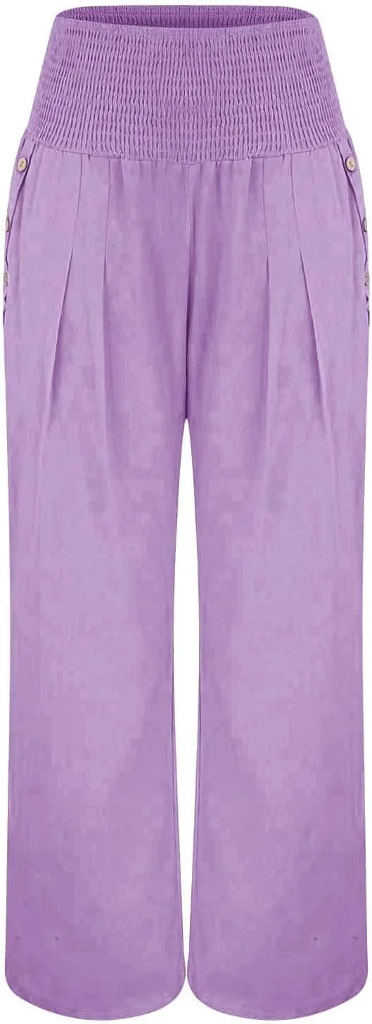 Women's Linen Palazzo Pants Wide Leg Pants Summer Flowy High Waisted Palazzo Flowy Wide Leg Beach Pants with Pockets