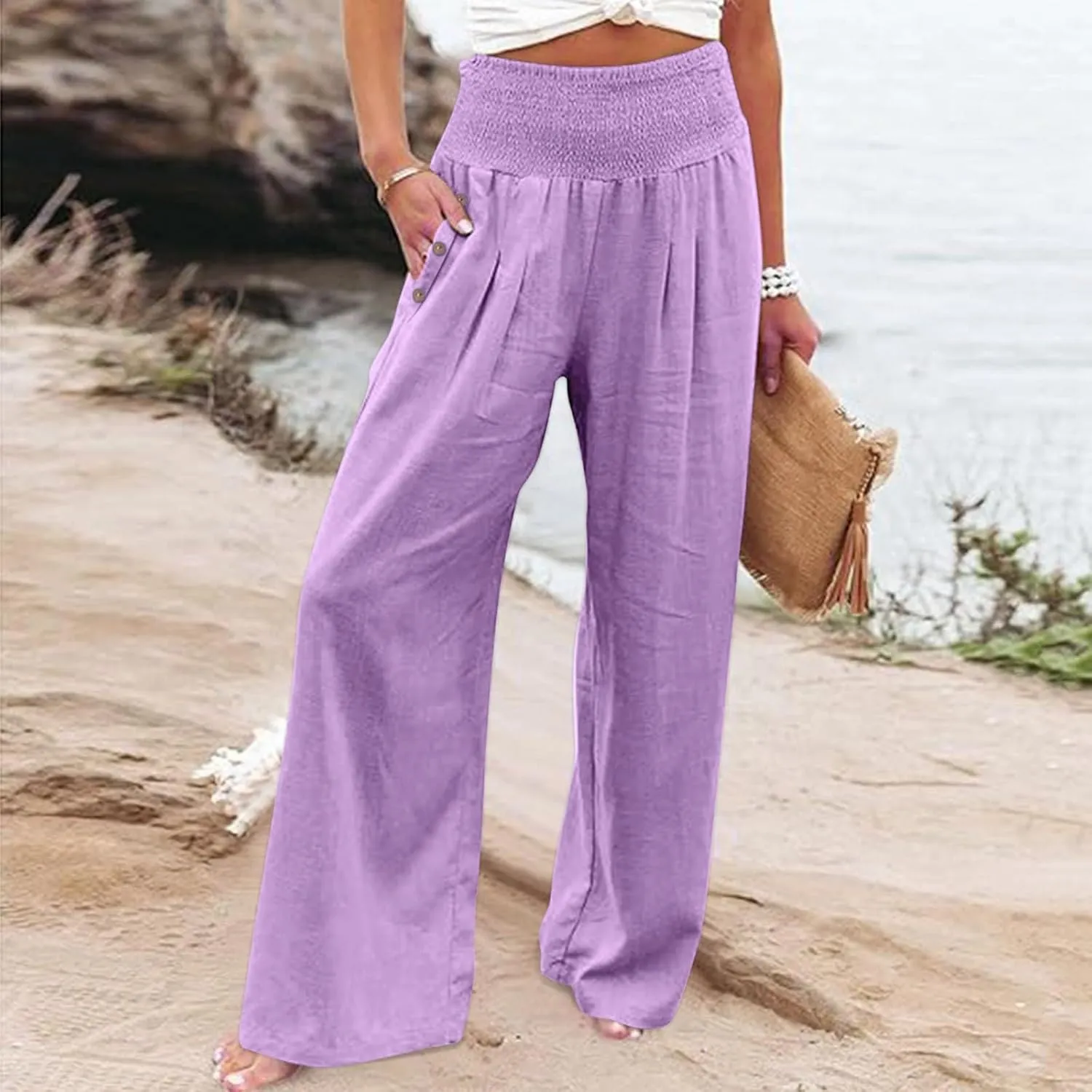 Women's Linen Palazzo Pants Wide Leg Pants Summer Flowy High Waisted Palazzo Flowy Wide Leg Beach Pants with Pockets