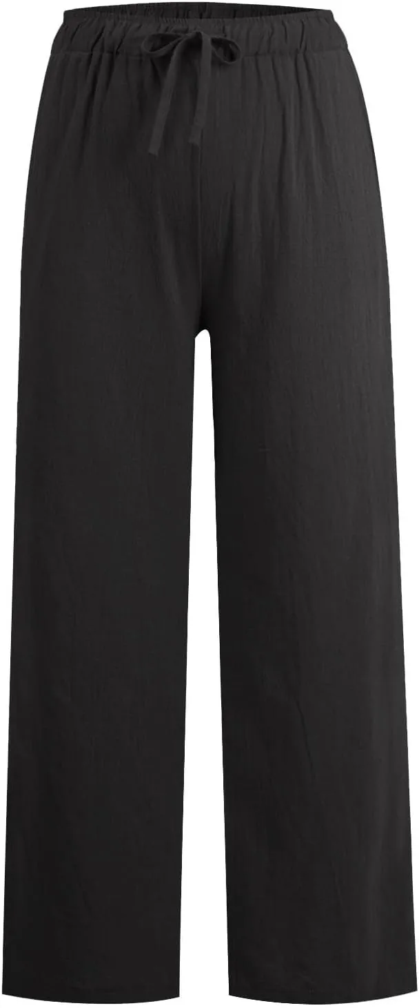Womens Linen Pants 2025 Summer Beach Lounge Wide Leg Trousers Drawstring High Waisted Palazzo Pants with Pockets