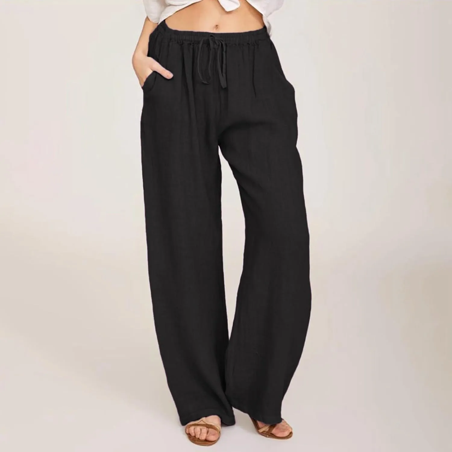 Womens Linen Pants 2025 Summer Beach Lounge Wide Leg Trousers Drawstring High Waisted Palazzo Pants with Pockets