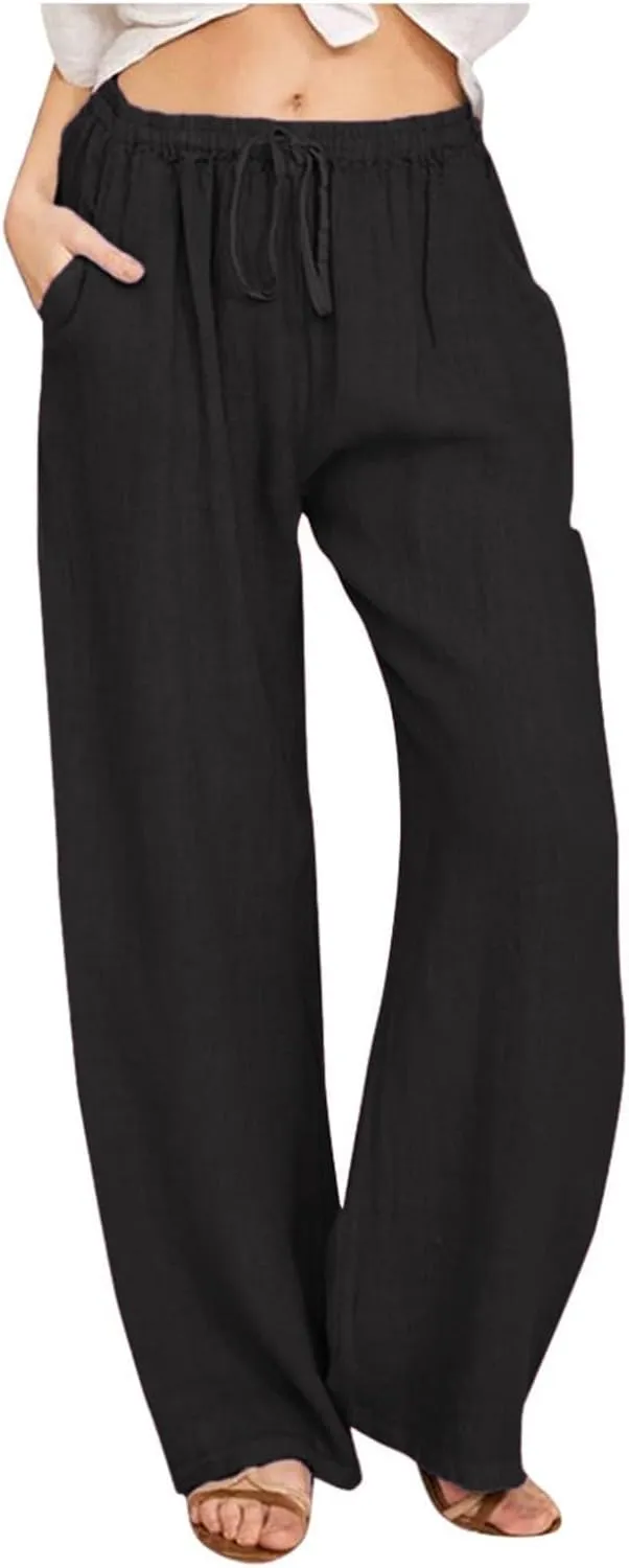 Womens Linen Pants 2025 Summer Beach Lounge Wide Leg Trousers Drawstring High Waisted Palazzo Pants with Pockets