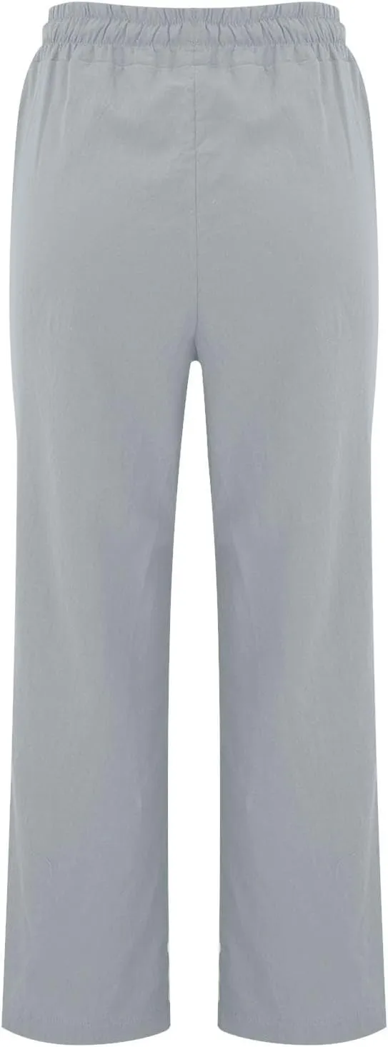 Women's Linen Pants Elastic High Waisted Straight Leg Trousers Pants Loose Fit Casual Summer Dress Pants with Pockets