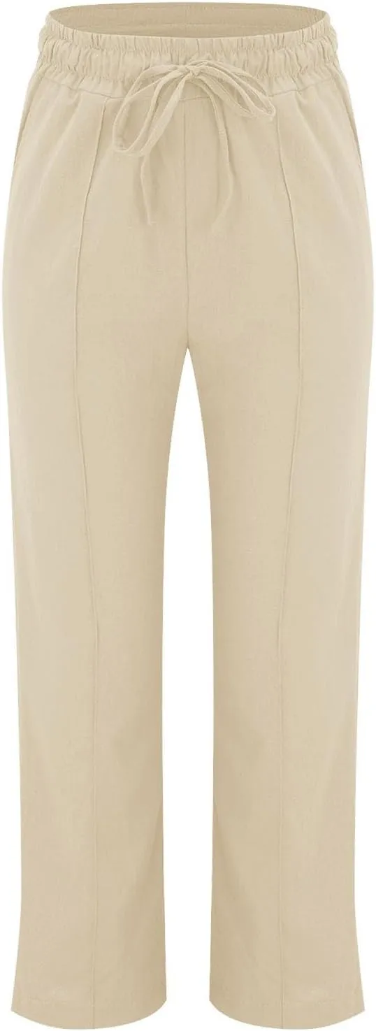 Women's Linen Pants Elastic High Waisted Straight Leg Trousers Pants Loose Fit Casual Summer Dress Pants with Pockets