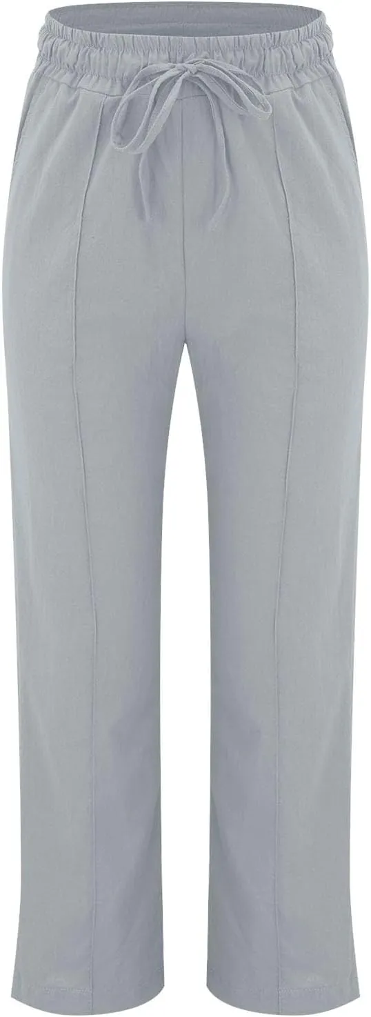 Women's Linen Pants Elastic High Waisted Straight Leg Trousers Pants Loose Fit Casual Summer Dress Pants with Pockets