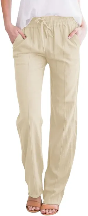 Women's Linen Pants Elastic High Waisted Straight Leg Trousers Pants Loose Fit Casual Summer Dress Pants with Pockets