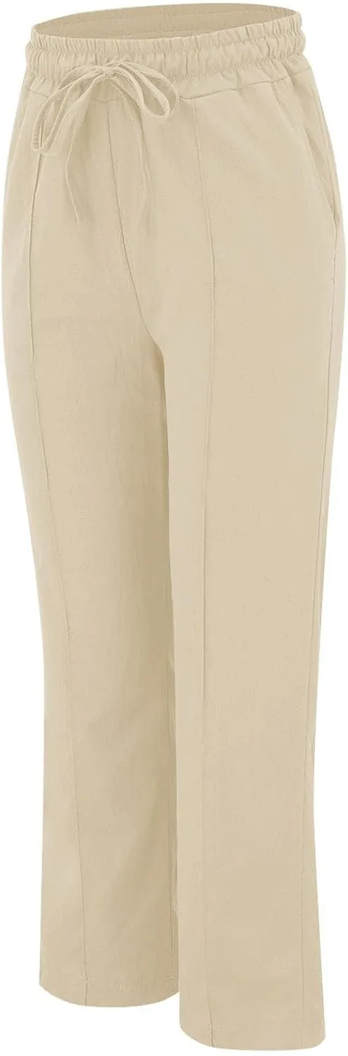 Women's Linen Pants Elastic High Waisted Straight Leg Trousers Pants Loose Fit Casual Summer Dress Pants with Pockets