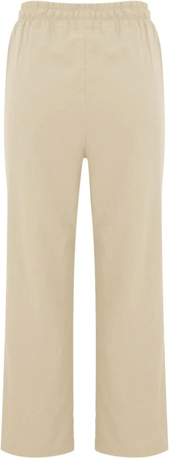 Women's Linen Pants Elastic High Waisted Straight Leg Trousers Pants Loose Fit Casual Summer Dress Pants with Pockets
