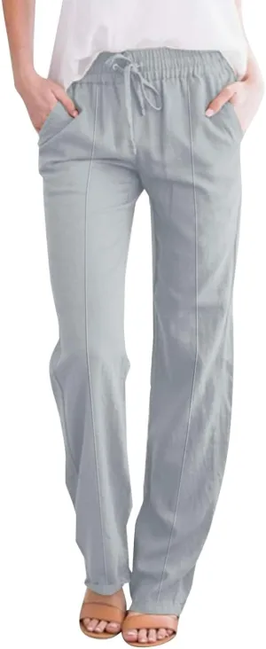 Women's Linen Pants Elastic High Waisted Straight Leg Trousers Pants Loose Fit Casual Summer Dress Pants with Pockets