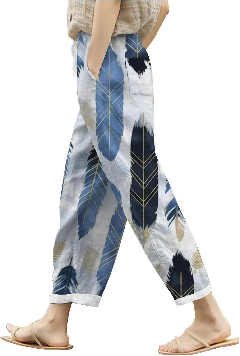 Women's Linen Pants Palazzo Baggy Pants Cotton Boho Casual Gauze Long Pant Wide Leg Lounge Trousers with Pockets