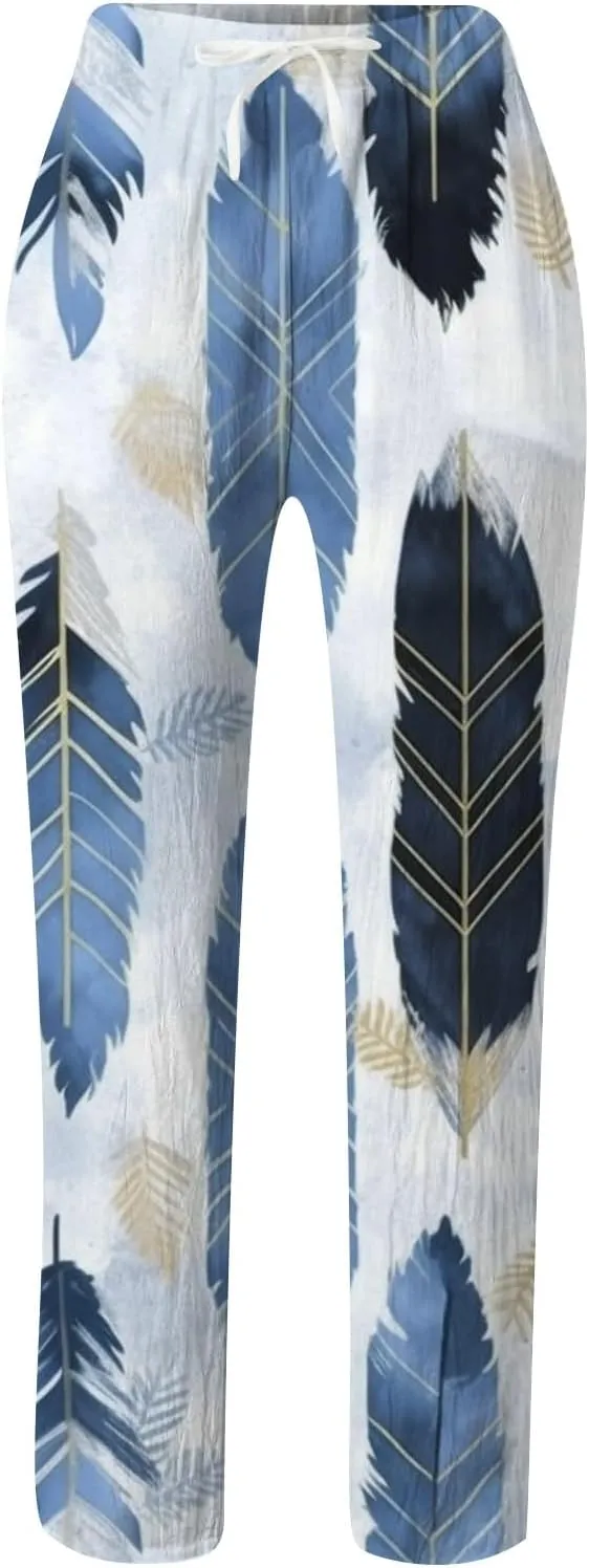 Women's Linen Pants Palazzo Baggy Pants Cotton Boho Casual Gauze Long Pant Wide Leg Lounge Trousers with Pockets