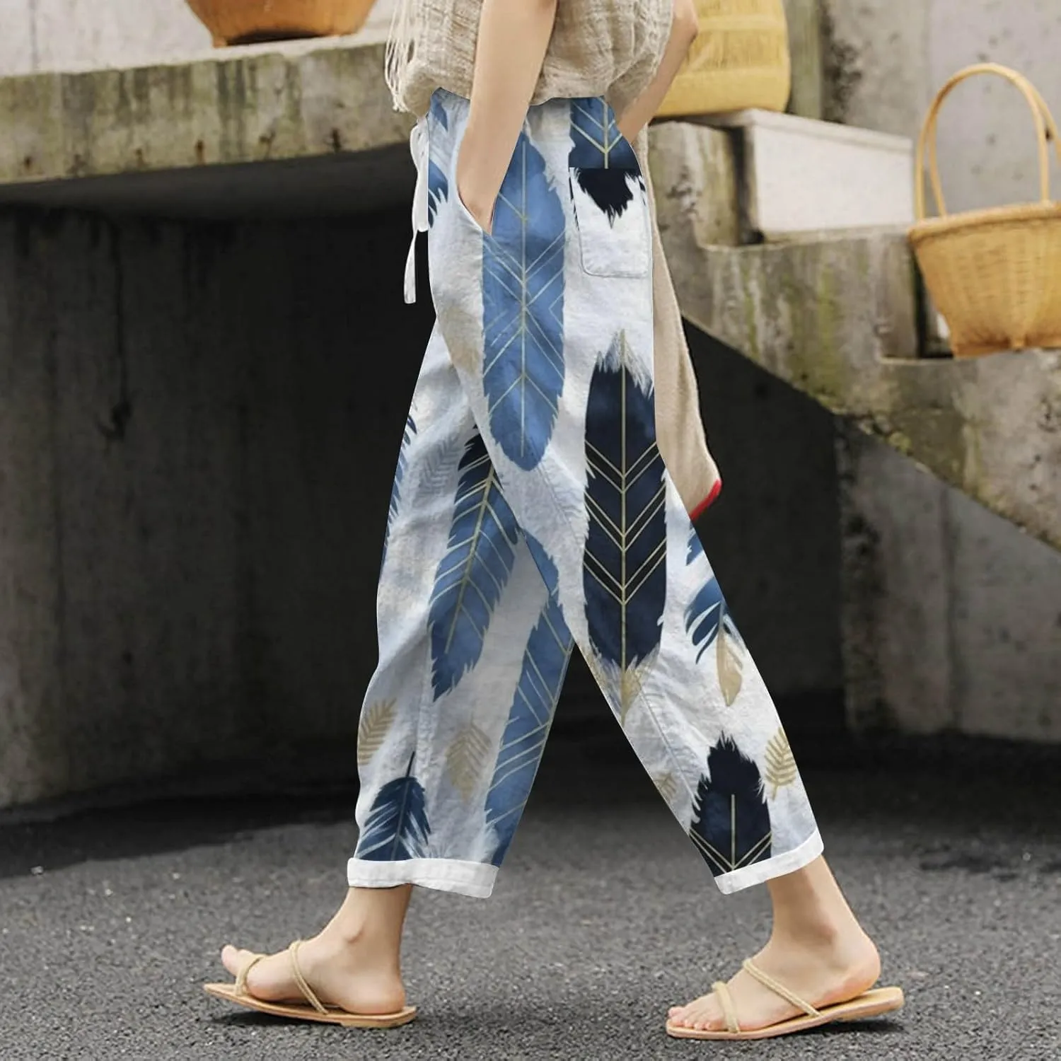 Women's Linen Pants Palazzo Baggy Pants Cotton Boho Casual Gauze Long Pant Wide Leg Lounge Trousers with Pockets
