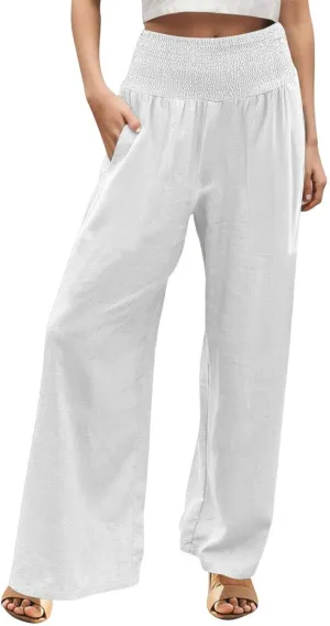 Womens Linen Pants Smocked High Waisted Wide Leg Palazzo Pants Elastic Waist Flowy Boho Beach Trousers with Pockets