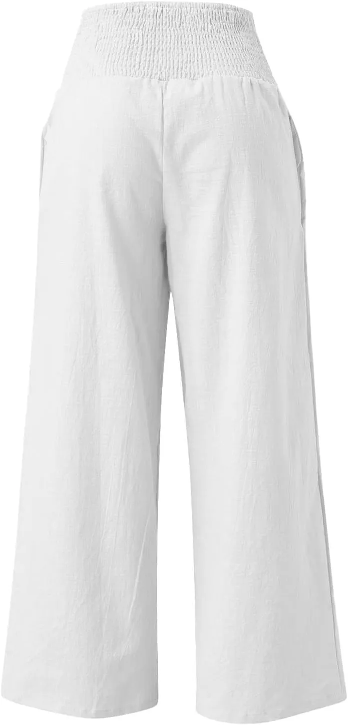 Womens Linen Pants Smocked High Waisted Wide Leg Palazzo Pants Elastic Waist Flowy Boho Beach Trousers with Pockets