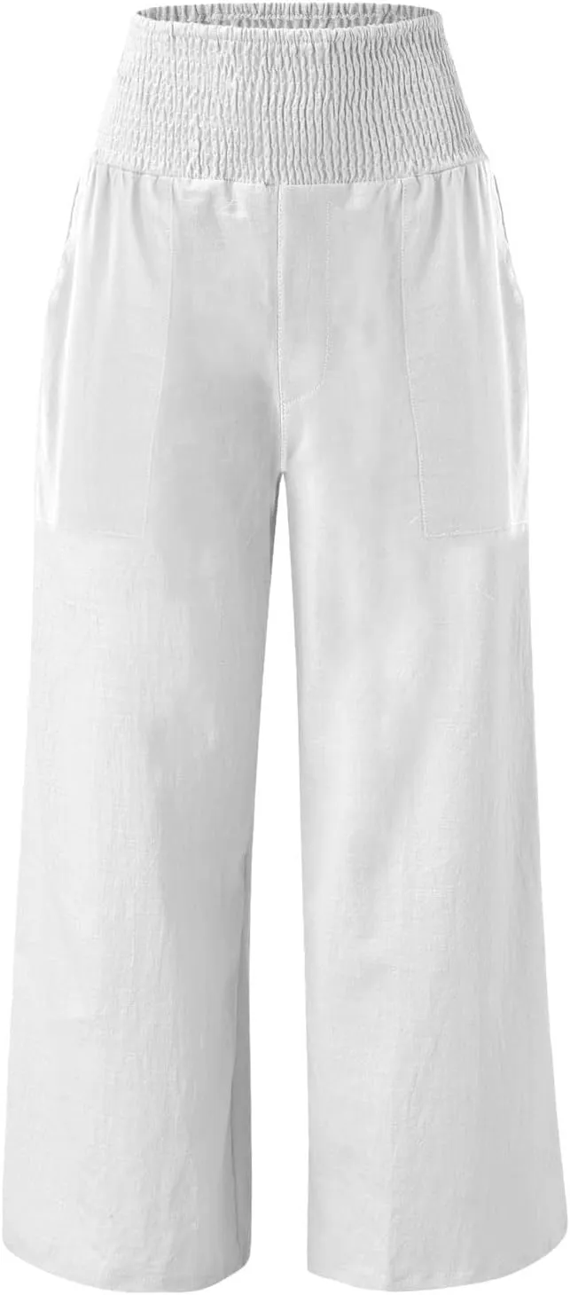Womens Linen Pants Smocked High Waisted Wide Leg Palazzo Pants Elastic Waist Flowy Boho Beach Trousers with Pockets