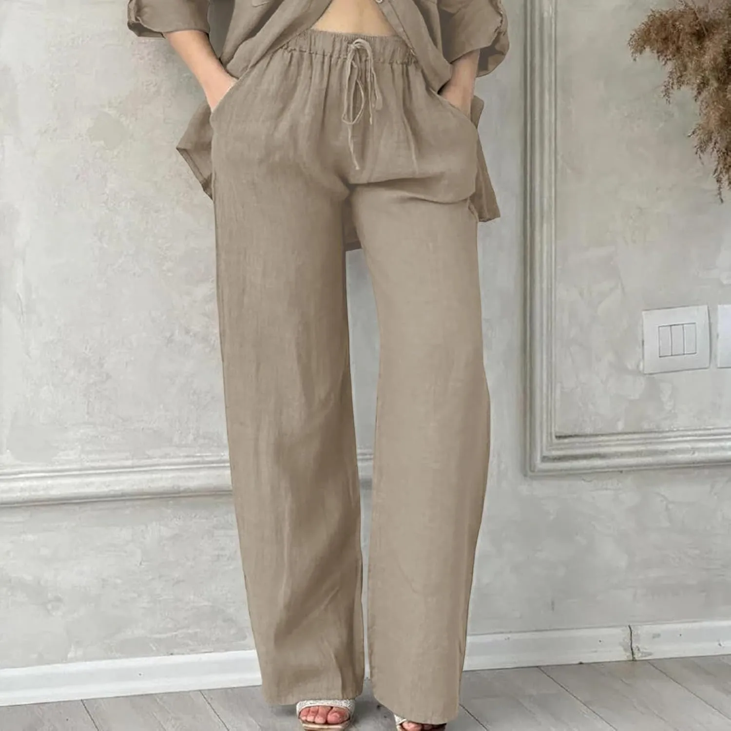 Womens Linen Pants Summer Boho Lightweight High Waist Palazzo Pants Straight Leg Lounge Trousers with Pockets