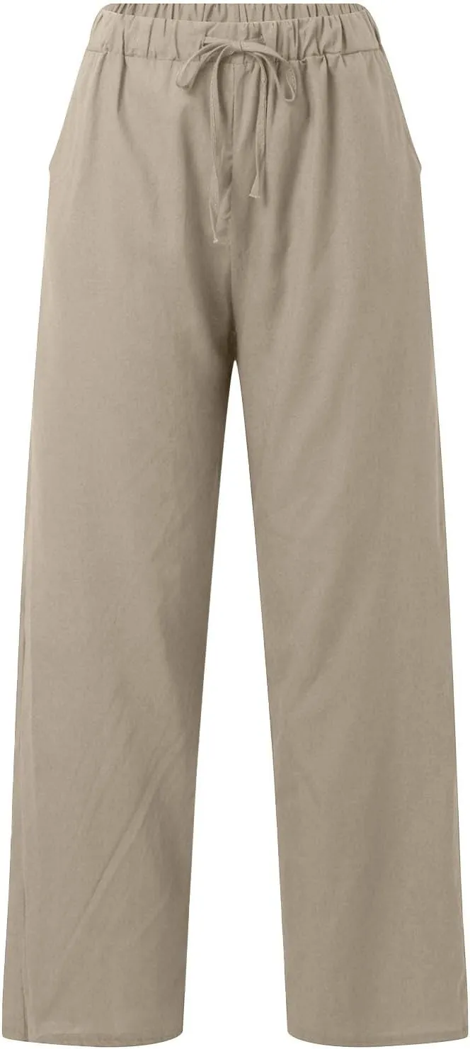 Womens Linen Pants Summer Boho Lightweight High Waist Palazzo Pants Straight Leg Lounge Trousers with Pockets