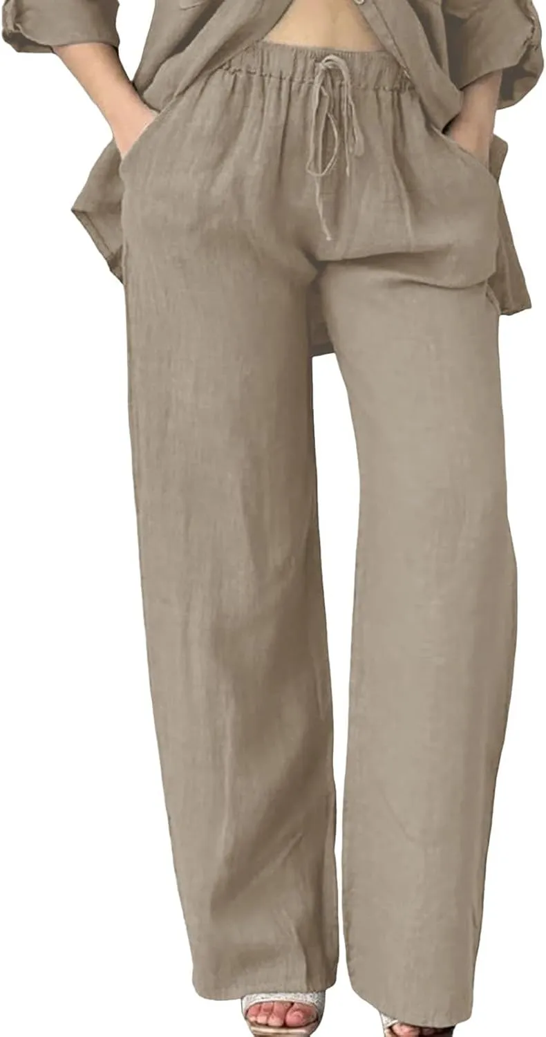 Womens Linen Pants Summer Boho Lightweight High Waist Palazzo Pants Straight Leg Lounge Trousers with Pockets