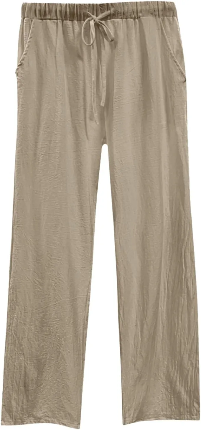 Womens Linen Pants Summer Boho Lightweight High Waist Palazzo Pants Straight Leg Lounge Trousers with Pockets