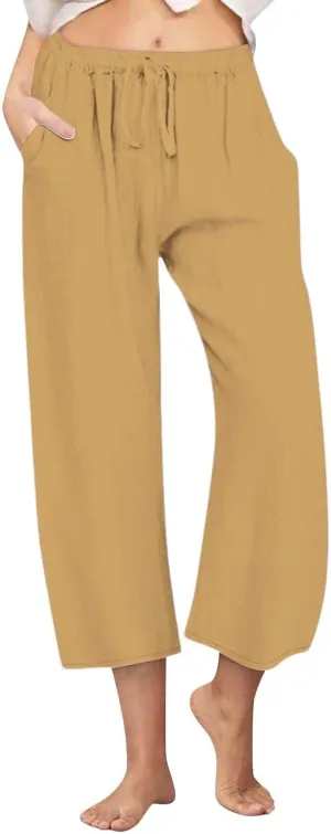Womens Linen Pants Summer Wide Leg Lounge Cropped Pants with Pockets Drawstring Elastic Waist Beach Trousers 2025