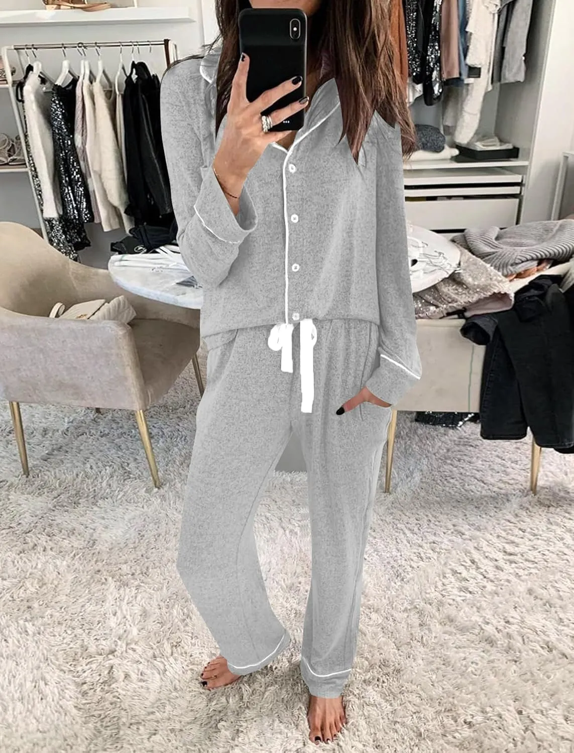 Womens Long Sleeve Pajamas Set Soft Sleepwear Button Down Shirt and Long Pants Pj Lounge Sets S-XXL with Pockets