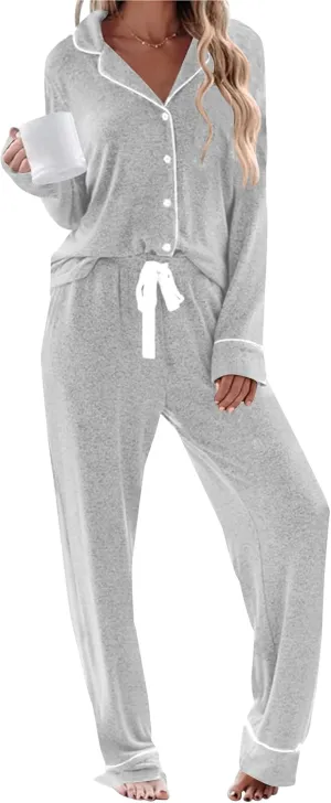 Womens Long Sleeve Pajamas Set Soft Sleepwear Button Down Shirt and Long Pants Pj Lounge Sets S-XXL with Pockets