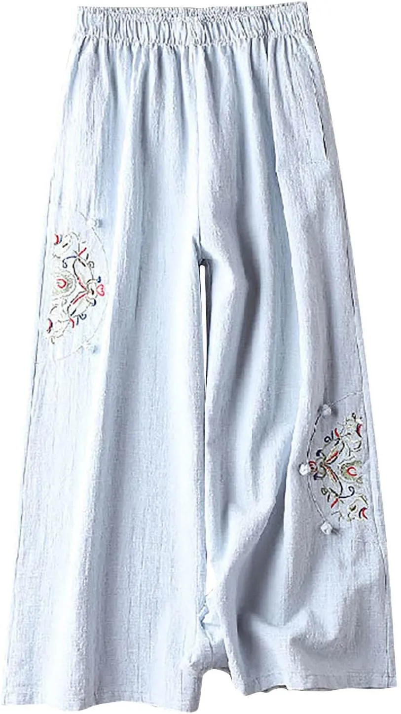 Women's Palazzo Pants Casual Plus Size Linen Wide Leg Pants Baggy Ankle Length Floral Embroidered Pants with Pockets