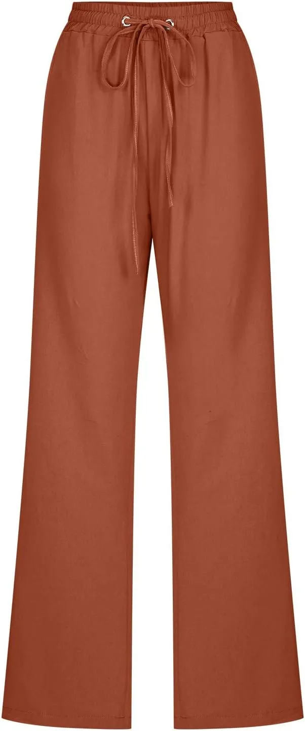 Womens Pants Dressy Casual 2024 Summer Drawstring Linen Pants Elastic Waist Trouser with Pockets Lounge Straight Pant