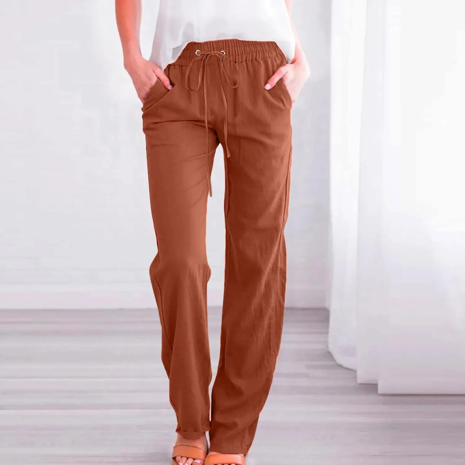 Womens Pants Dressy Casual 2024 Summer Drawstring Linen Pants Elastic Waist Trouser with Pockets Lounge Straight Pant
