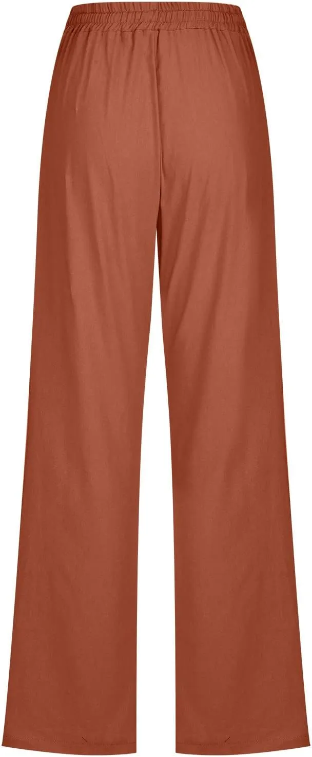 Womens Pants Dressy Casual 2024 Summer Drawstring Linen Pants Elastic Waist Trouser with Pockets Lounge Straight Pant