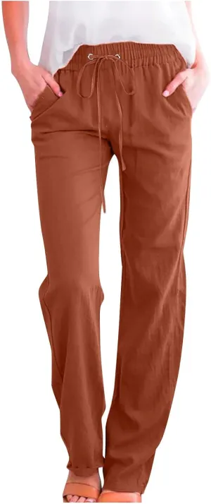 Womens Pants Dressy Casual 2024 Summer Drawstring Linen Pants Elastic Waist Trouser with Pockets Lounge Straight Pant