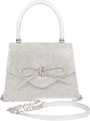Womens Rhinestone Bow Tie Clutch Sparkly Glitter Evening Bag Wedding Party Prom Banquet Cocktail Purse with Shoulder Chain