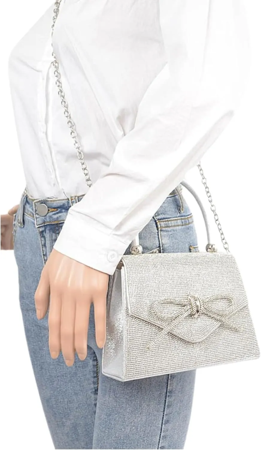 Womens Rhinestone Bow Tie Clutch Sparkly Glitter Evening Bag Wedding Party Prom Banquet Cocktail Purse with Shoulder Chain