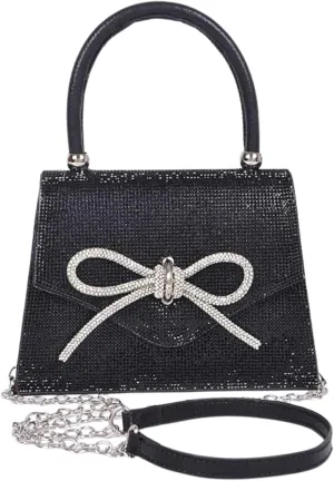 Womens Rhinestone Bow Tie Clutch Sparkly Glitter Evening Bag Wedding Party Prom Banquet Cocktail Purse with Shoulder Chain