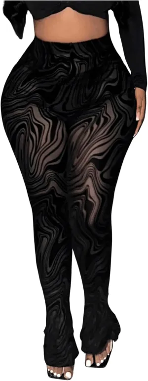 Women's Sheer Mesh Leggings See Through High Waisted Bell Bottom Skinny Pants